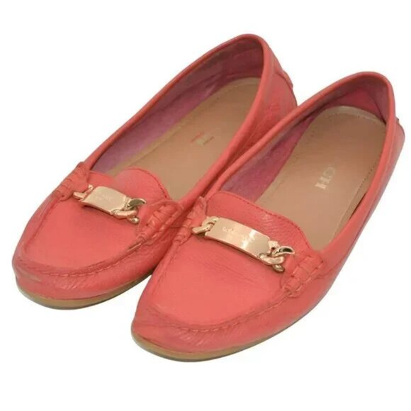 Coach Coral Peach Orange Soft Pebbled Leather Gold Driving Flats Loafers 7.5 - Picture 1 of 9